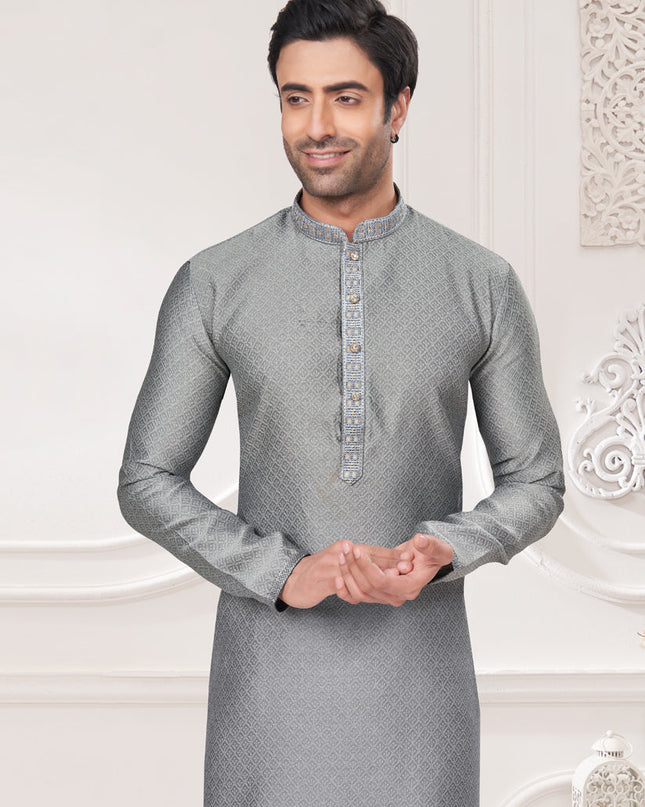 Smoke Grey Jacquard Mens Kurta Pajama Set