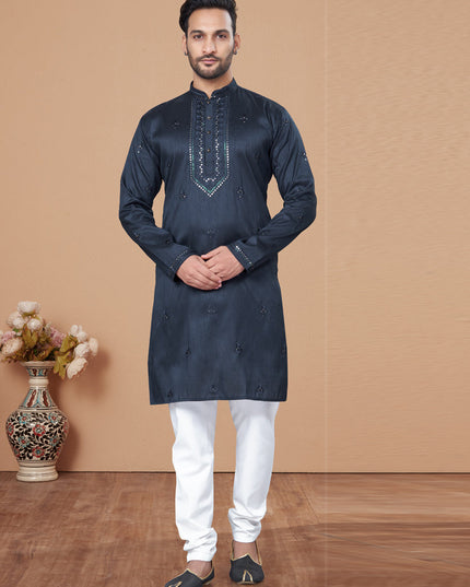 Midnight Blue Embroidered Silk Mens Kurta Pajama Set