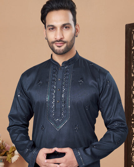 Midnight Blue Embroidered Silk Mens Kurta Pajama Set