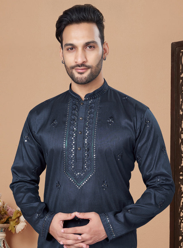 Midnight Blue Embroidered Silk Mens Kurta Pajama Set