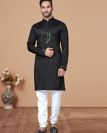 Black Embroidered Silk Mens Kurta Pajama Set