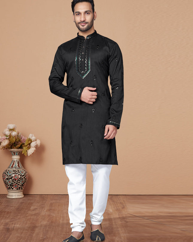 Black Embroidered Silk Mens Kurta Pajama Set