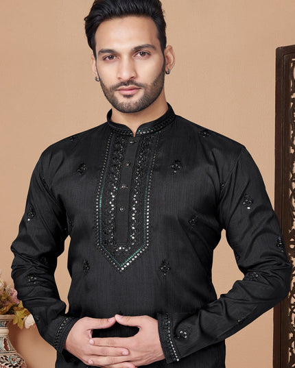 Black Embroidered Silk Mens Kurta Pajama Set