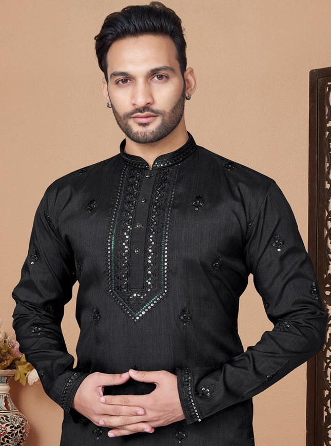 Black Embroidered Silk Mens Kurta Pajama Set