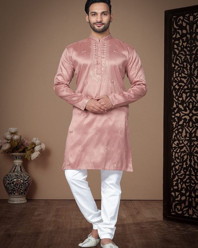 Coral Pink Embroidered Silk Mens Kurta Pajama Set