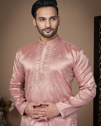 Coral Pink Embroidered Silk Mens Kurta Pajama Set