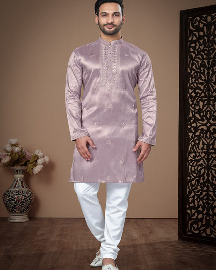 Lavender Grey Embroidered Silk Mens Kurta Pajama Set