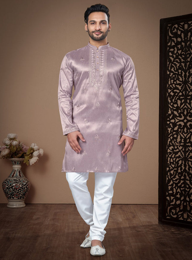 Lavender Grey Embroidered Silk Mens Kurta Pajama Set