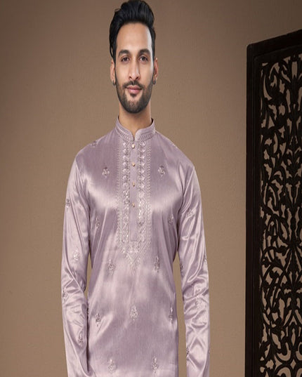 Lavender Grey Embroidered Silk Mens Kurta Pajama Set