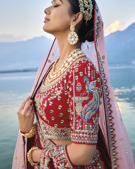 Hot Red Silk Embroidered Bridal Lehenga Choli