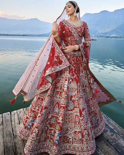 Hot Red Silk Embroidered Bridal Lehenga Choli