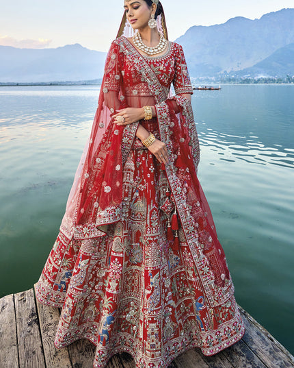 Hot Red Silk Embroidered Bridal Lehenga Choli