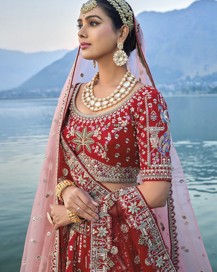 Hot Red Silk Embroidered Bridal Lehenga Choli
