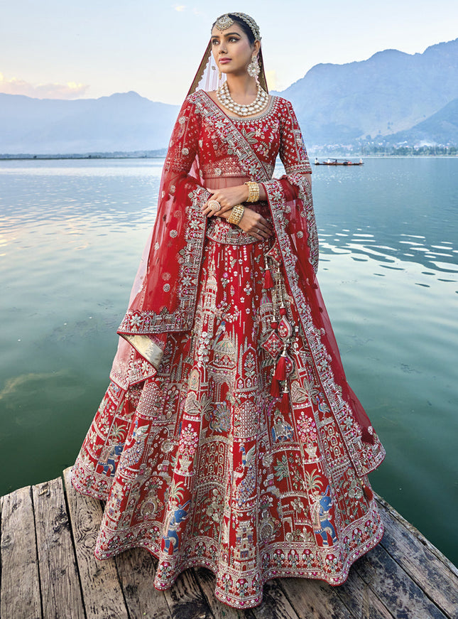 Hot Red Silk Embroidered Bridal Lehenga Choli