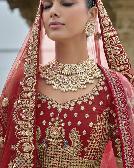 Crimson Red Silk Embroidered Bridal Lehenga Choli