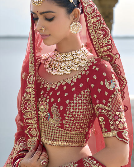 Crimson Red Silk Embroidered Bridal Lehenga Choli