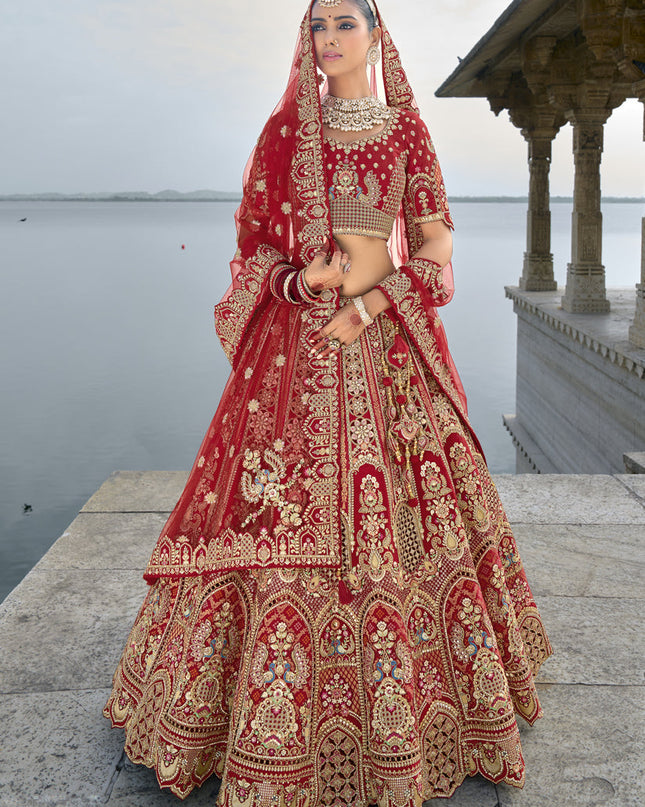 Crimson Red Silk Embroidered Bridal Lehenga Choli