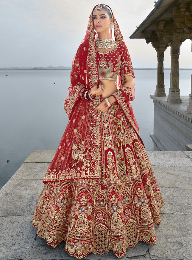 Crimson Red Silk Embroidered Bridal Lehenga Choli