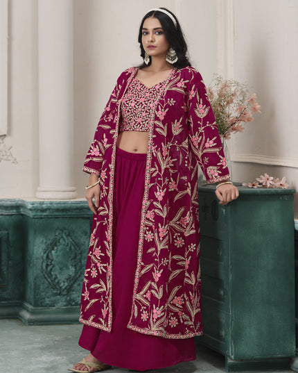 magenta faux georgette embroidered readymade indowestern