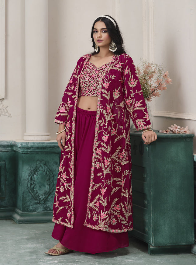 magenta faux georgette embroidered readymade indowestern