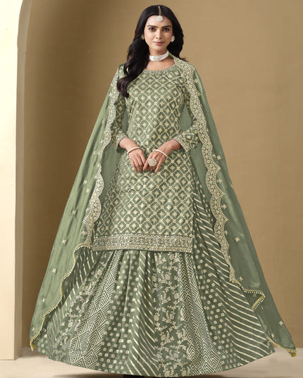 sage green art silk embroidered readymade lehenga kameez