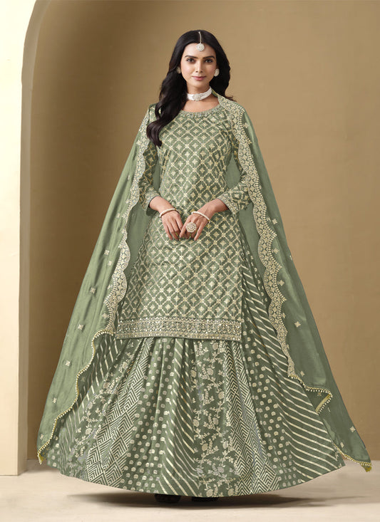 sage green art silk embroidered readymade lehenga kameez