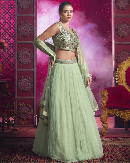 Pastel Green Net Designer Wedding Lehenga Choli