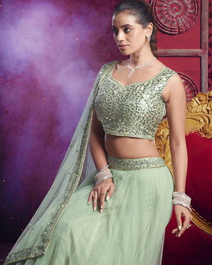 Pastel Green Net Designer Wedding Lehenga Choli