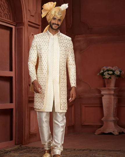 Cream Pure Silk Designer Wedding Sherwani