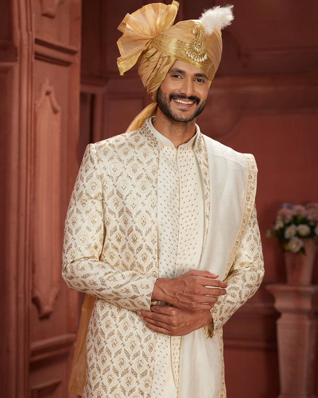 Cream Pure Silk Designer Wedding Sherwani