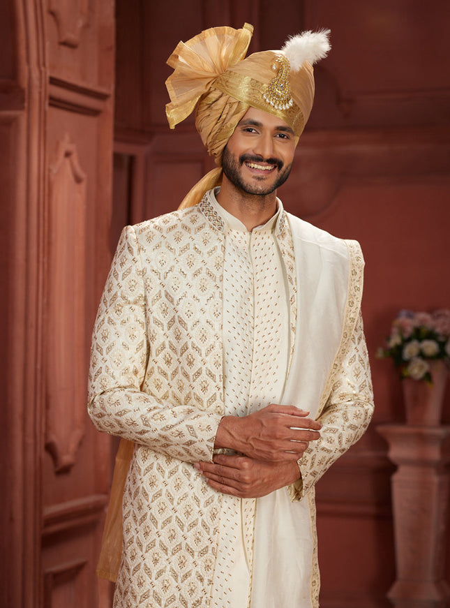 Cream Pure Silk Designer Wedding Sherwani