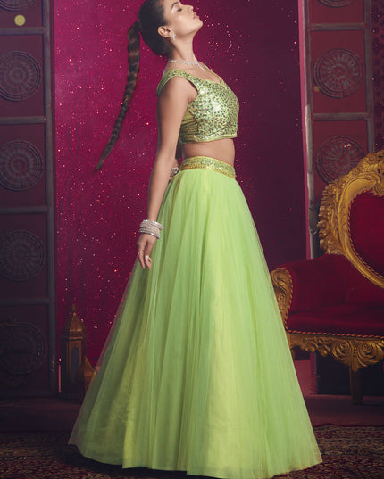 Spring Green Net Designer Wedding Lehenga Choli