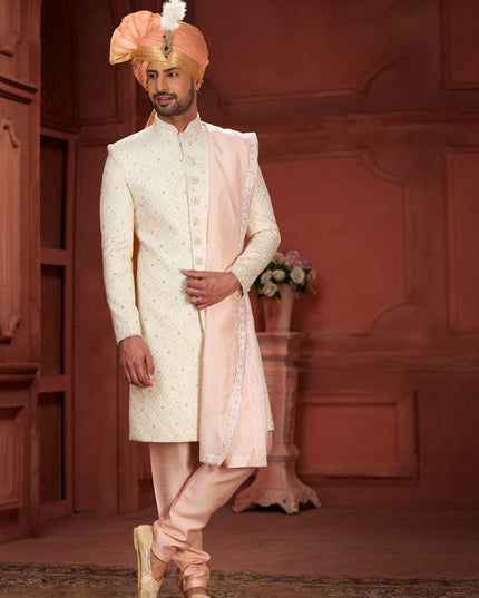 Cream Pure Silk Designer Wedding Sherwani
