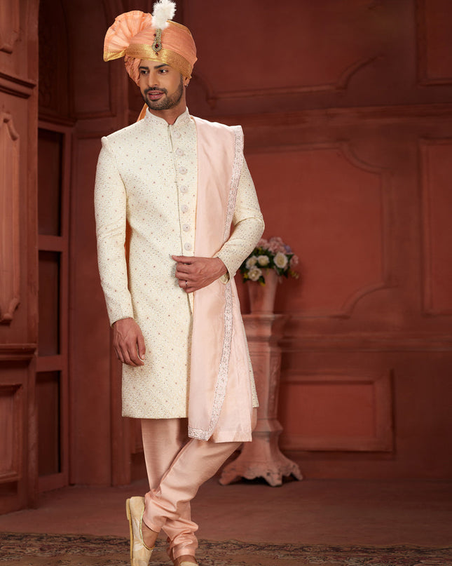 Cream Pure Silk Designer Wedding Sherwani