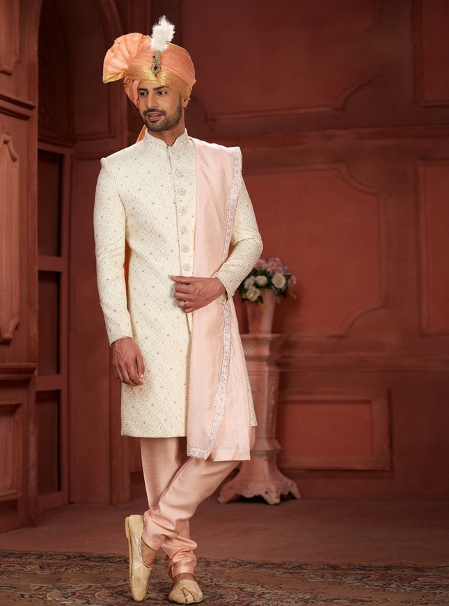 Cream Pure Silk Designer Wedding Sherwani