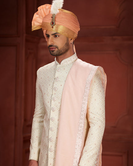 Cream Pure Silk Designer Wedding Sherwani