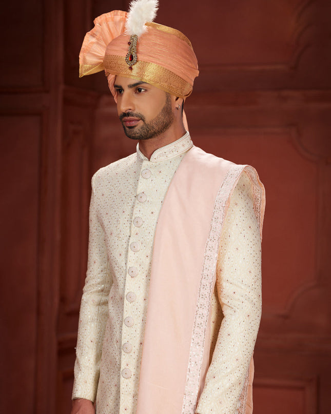 Cream Pure Silk Designer Wedding Sherwani