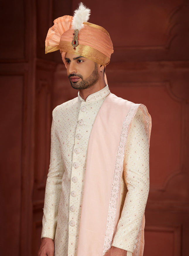 Cream Pure Silk Designer Wedding Sherwani