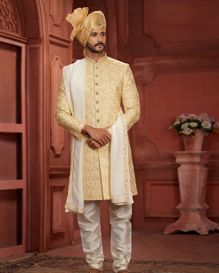 Cream Pure Silk Designer Wedding Sherwani