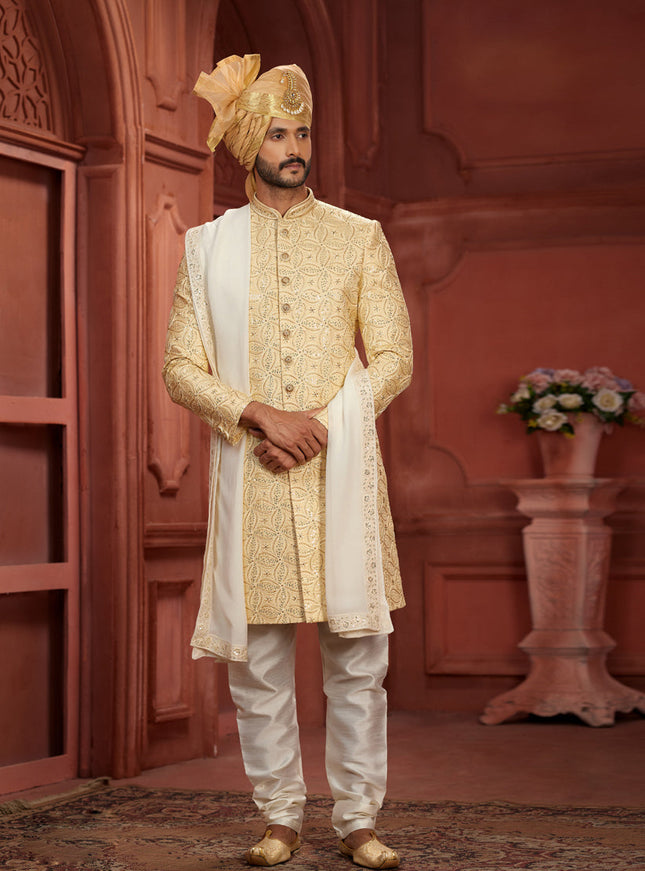 Cream Pure Silk Designer Wedding Sherwani