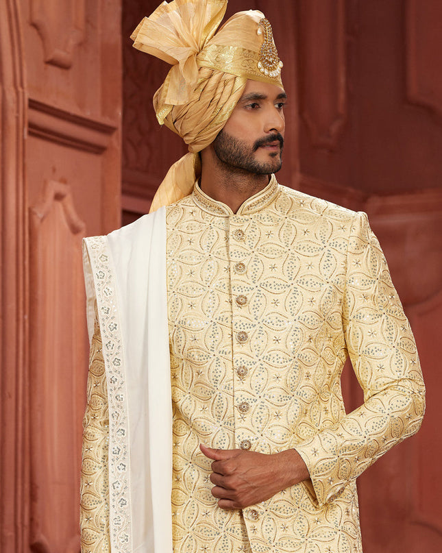 Cream Pure Silk Designer Wedding Sherwani