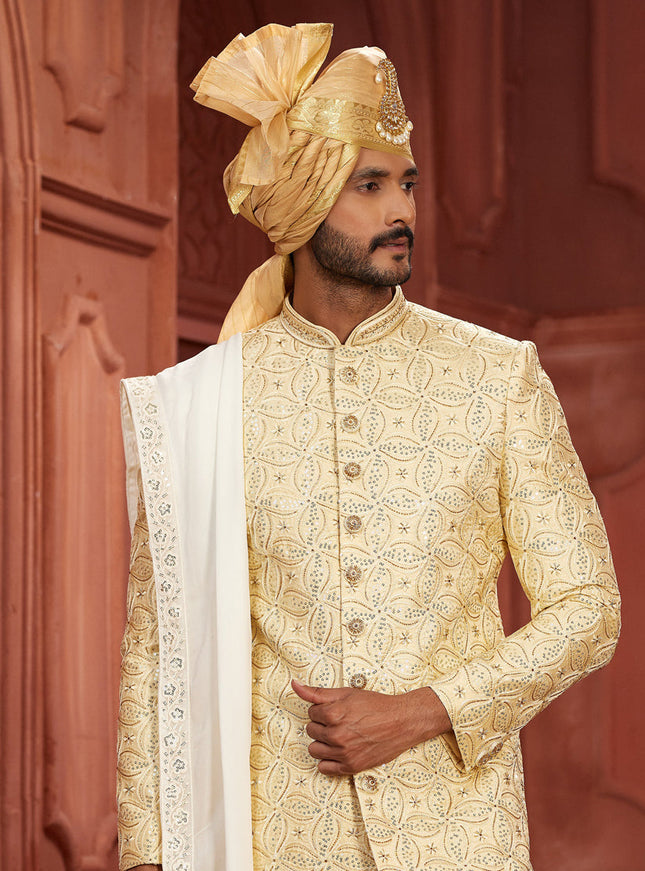 Cream Pure Silk Designer Wedding Sherwani