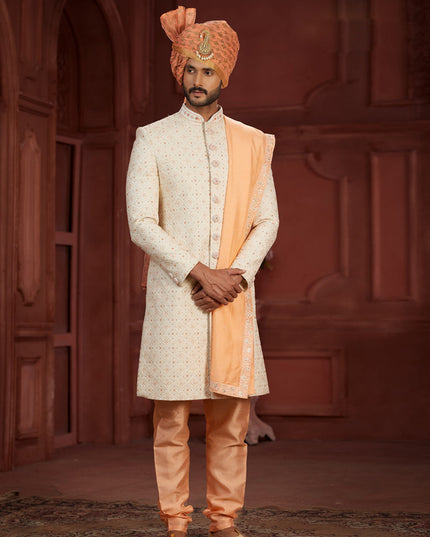 Cream Pure Silk Designer Wedding Sherwani