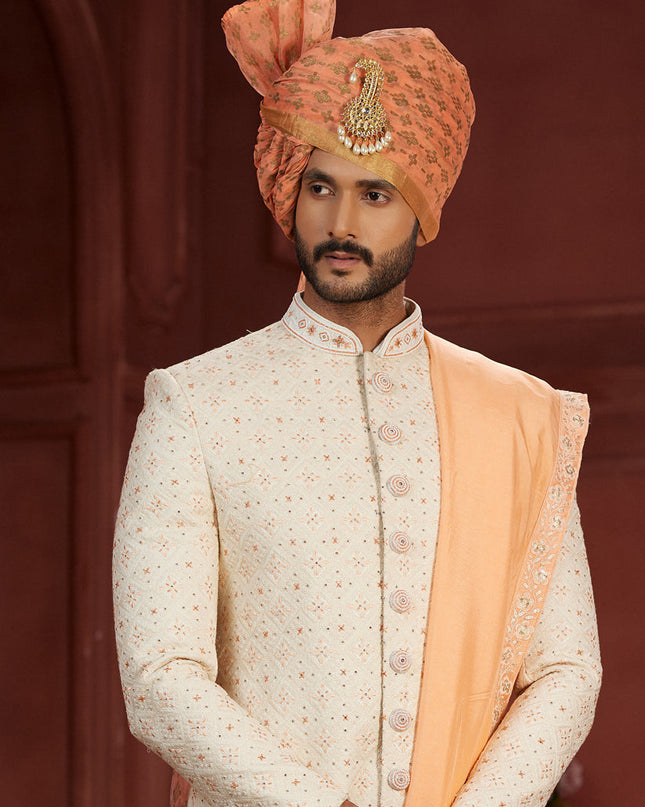 Cream Pure Silk Designer Wedding Sherwani