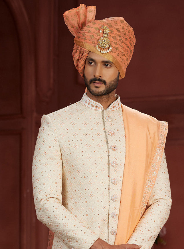 Cream Pure Silk Designer Wedding Sherwani
