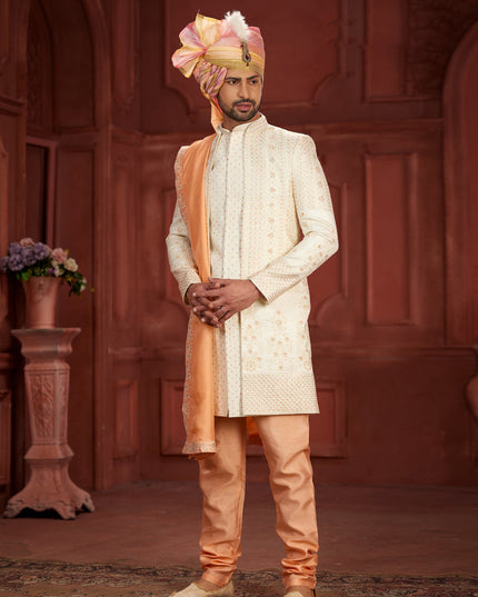 Cream Pure Silk Designer Wedding Sherwani