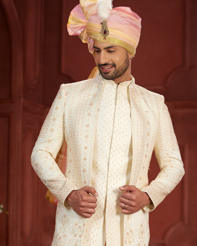 Cream Pure Silk Designer Wedding Sherwani