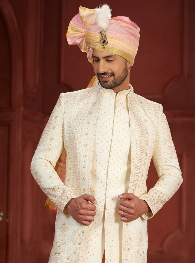 Cream Pure Silk Designer Wedding Sherwani