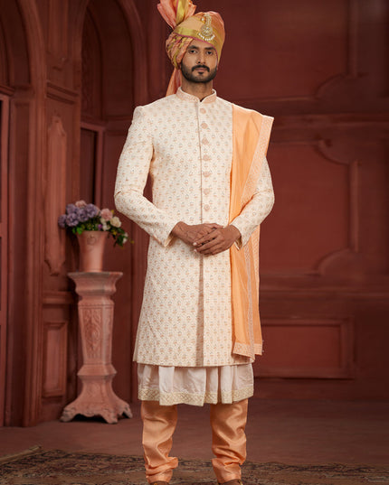 Cream Pure Silk Designer Wedding Sherwani