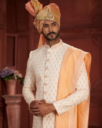 Cream Pure Silk Designer Wedding Sherwani